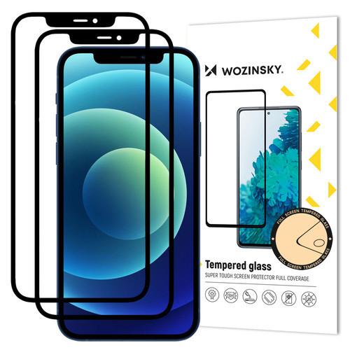 Wozinsky 2x Tempered Glass Full Glue Super Tough Screen Protector Full Coveraged with Frame Case Friendly for iPhone 12 Pro / iPhone 12 black