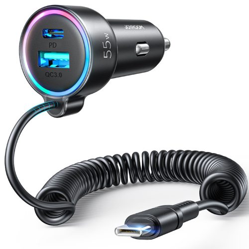 Joyroom fast car charger 3 in 1 with USB Type C cable 1.5m 55W black (JR-CL07)