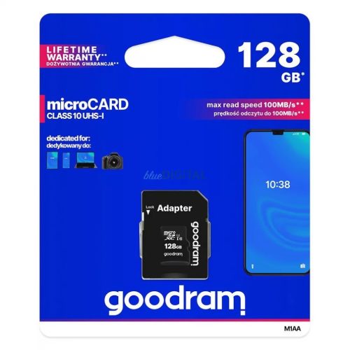 Goodram Microcard 128 GB micro SD XC UHS-I class 10 memory card, SD adapter (M1AA-01280R12)